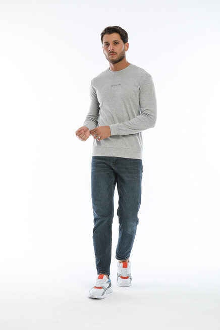 Erkek Bisiklet Yaka Slim Fit Brookyln Baskılı İnce Sweatshirt SPR22SW102