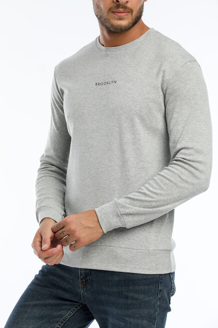 Erkek Bisiklet Yaka Slim Fit Brookyln Baskılı İnce Sweatshirt SPR22SW102