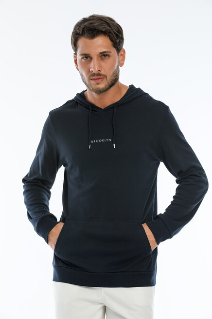 Süperlife Erkek Kapşonlu Slim Fit Brooklyn Basklı İnce Sweatshirt SPR22SW103