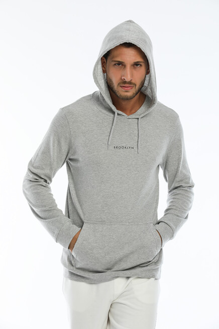 Süperlife Erkek Kapşonlu Slim Fit Brooklyn Basklı İnce Sweatshirt SPR22SW103