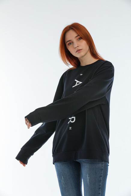 Kadın Bisiklet Yaka Oversize Fit Aır Baskılı İnce Sweatshirt SPR22SWK101