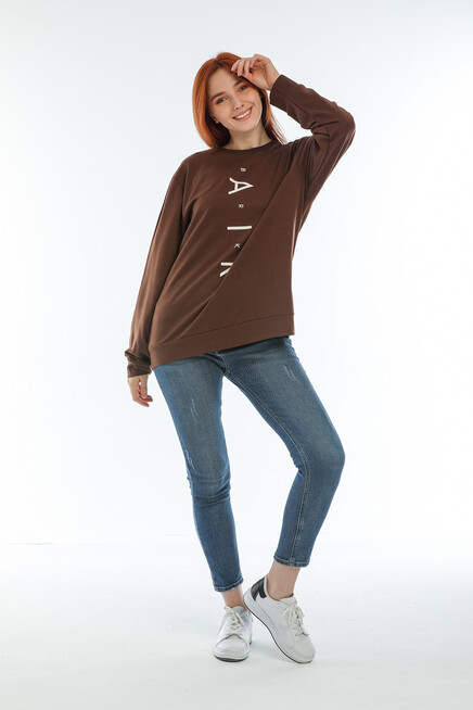 Kadın Bisiklet Yaka Oversize Fit Aır Baskılı İnce Sweatshirt SPR22SWK101