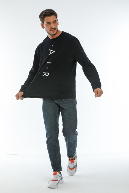 Erkek Bisiklet Yaka Regular Fit Air Baskılı İnce Sweatshirt SPR22SW131