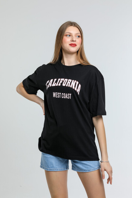 Süperlife Kadın Bisiklet Yaka Regular Fit Californıa Baskılı Tişort SPR21YK22