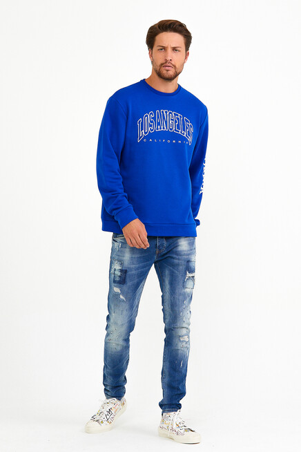 Erkek Bisiklet Yaka Regular Fit Ön Ve Kol Baskılı İnce Sweatshirt SPR22SW133