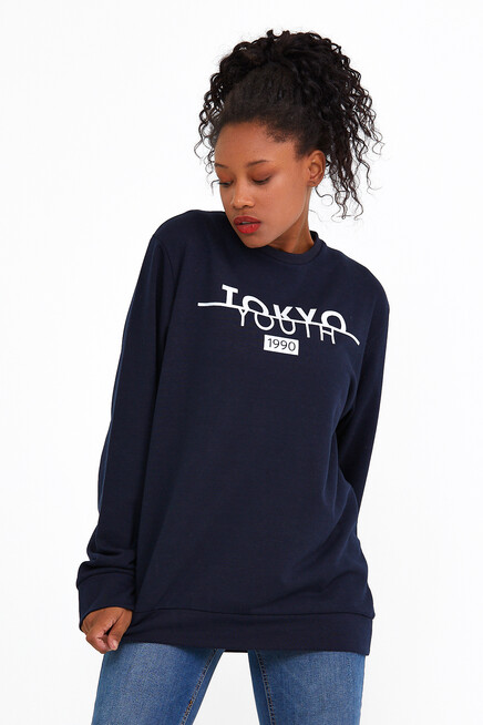 Süperlife Kadın Bisiklet Yaka Oversize Fit Tokya Baskılı İnce Sweatshirt SPR22SWK134