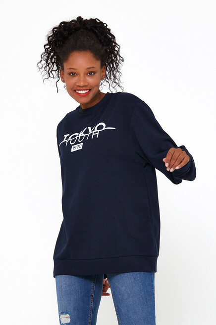 Süperlife Kadın Bisiklet Yaka Oversize Fit Tokya Baskılı İnce Sweatshirt SPR22SWK134