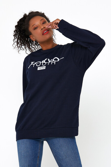 Süperlife Kadın Bisiklet Yaka Oversize Fit Tokya Baskılı İnce Sweatshirt SPR22SWK134