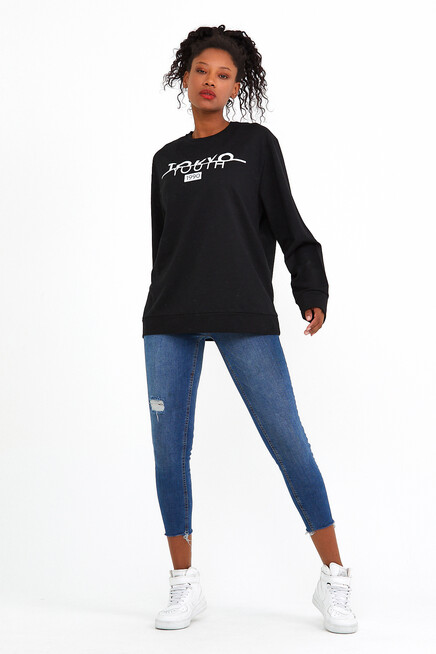 Süperlife Kadın Bisiklet Yaka Oversize Fit Tokya Baskılı İnce Sweatshirt SPR22SWK134