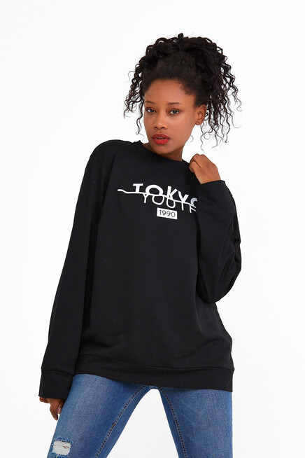 Süperlife Kadın Bisiklet Yaka Oversize Fit Tokya Baskılı İnce Sweatshirt SPR22SWK134