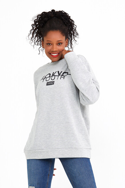 Süperlife Kadın Bisiklet Yaka Oversize Fit Tokya Baskılı İnce Sweatshirt SPR22SWK134