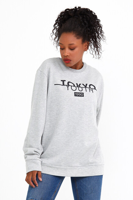Süperlife Kadın Bisiklet Yaka Oversize Fit Tokya Baskılı İnce Sweatshirt SPR22SWK134