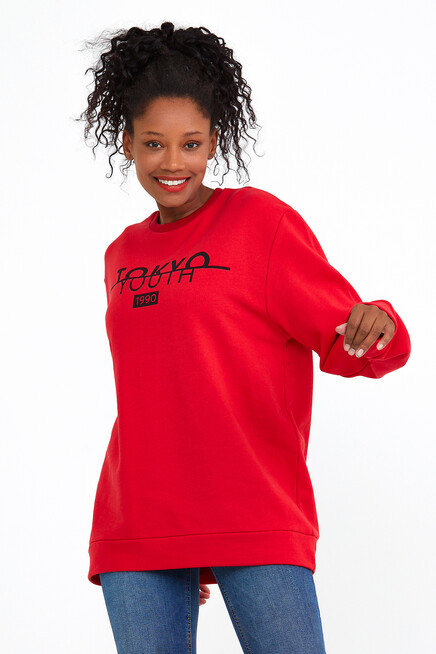 Süperlife Kadın Bisiklet Yaka Oversize Fit Tokya Baskılı İnce Sweatshirt SPR22SWK134