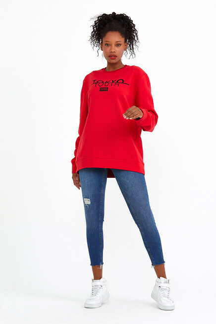 Kadın Bisiklet Yaka Oversize Fit Tokya Baskılı İnce Sweatshirt SPR22SWK134