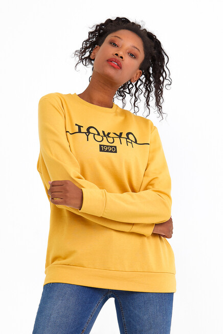Süperlife Kadın Bisiklet Yaka Oversize Fit Tokya Baskılı İnce Sweatshirt SPR22SWK134