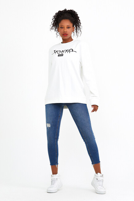 Süperlife Kadın Bisiklet Yaka Oversize Fit Tokya Baskılı İnce Sweatshirt SPR22SWK134