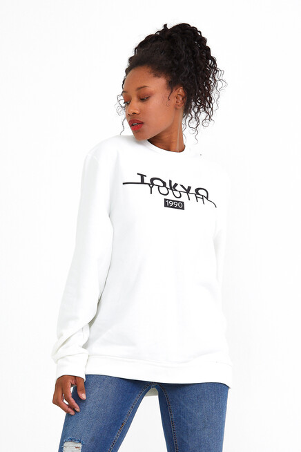 Süperlife Kadın Bisiklet Yaka Oversize Fit Tokya Baskılı İnce Sweatshirt SPR22SWK134