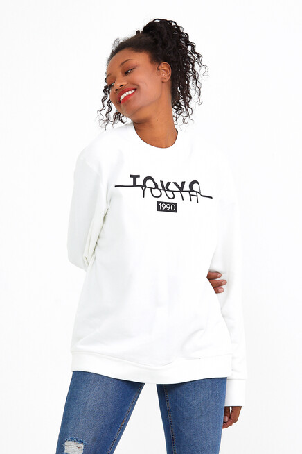Süperlife Kadın Bisiklet Yaka Oversize Fit Tokya Baskılı İnce Sweatshirt SPR22SWK134