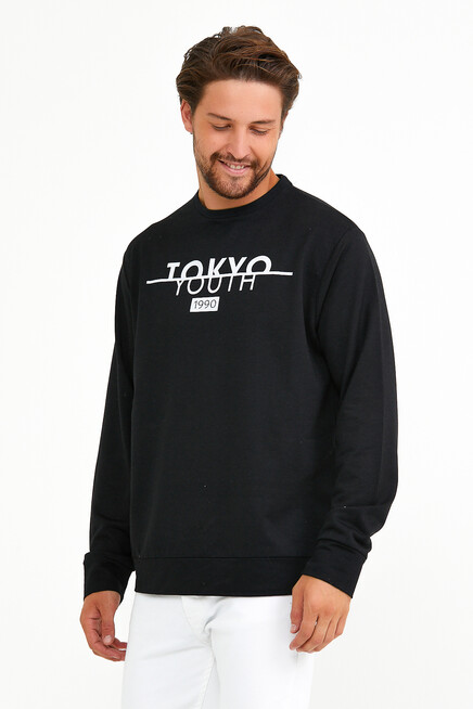 Erkek Bisiklet Yaka Regular Fit Tokyo Basklı İnce Sweatshirt spr22sw134