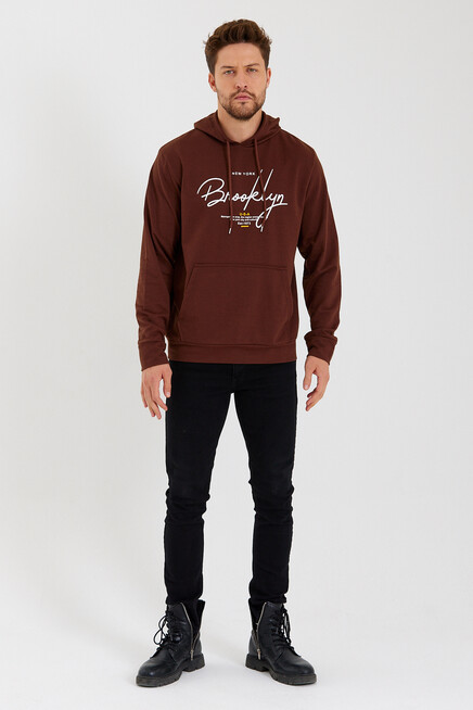 Süperlife Erkek Kapşonlu  Oversize Fit Brooklyn Baskılı İnce Sweatshirt SPR23SW361