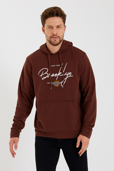 Süperlife Erkek Kapşonlu  Oversize Fit Brooklyn Baskılı İnce Sweatshirt SPR23SW361