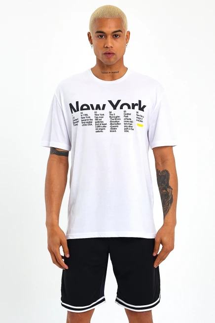 Erkek Bisiklet Yaka Regular Fit New York Baskılı Tişort SPR22TS112