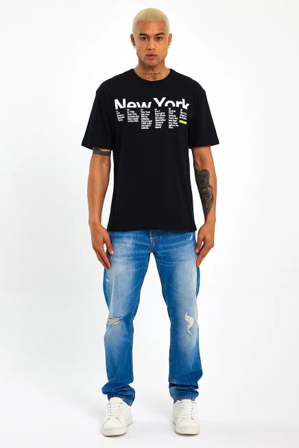 Erkek Bisiklet Yaka Regular Fit New York Baskılı Tişort SPR22TS112