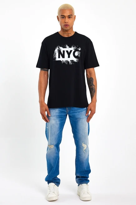 Erkek Bisiklet Yaka Regular Fit NYC Baskılı Tişort SPR22TS114