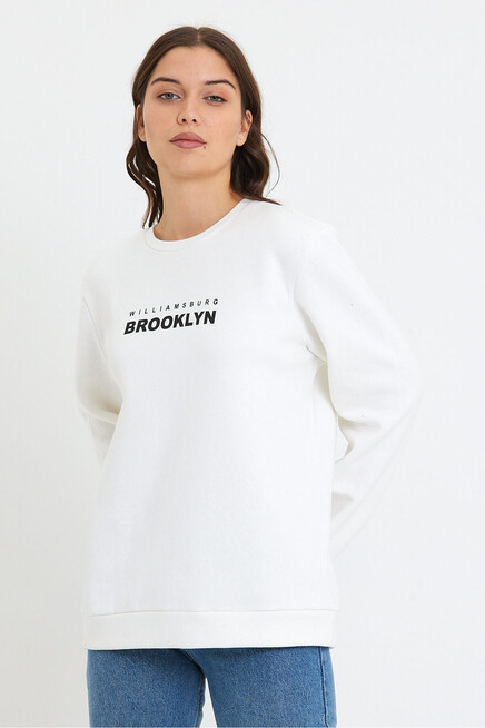Süperlife Kadın Bisiklet Yaka Oversize Fit Brooklyn Baskılı İnce Sweatshirt SPR23SWK330
