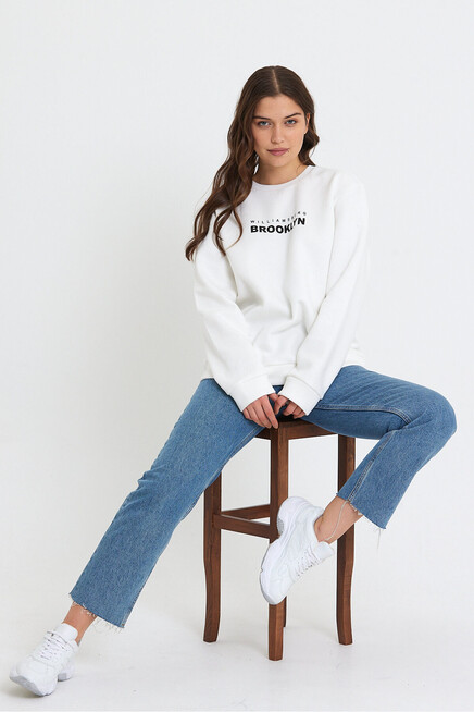 Süperlife Kadın Bisiklet Yaka Oversize Fit Brooklyn Baskılı İnce Sweatshirt SPR23SWK330