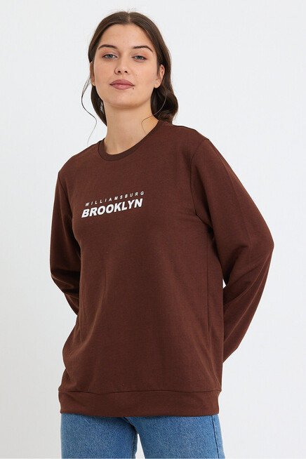 Kadın Bisiklet Yaka Oversize Fit Brooklyn Baskılı İnce Sweatshirt SPR23SWK330