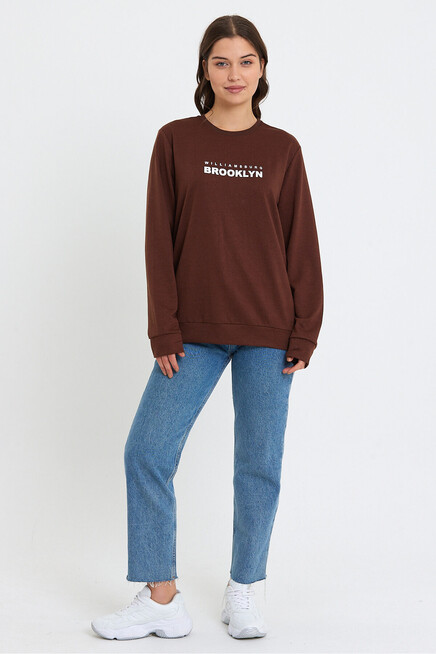 Kadın Bisiklet Yaka Oversize Fit Brooklyn Baskılı İnce Sweatshirt SPR23SWK330