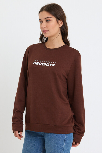 Kadın Bisiklet Yaka Oversize Fit Brooklyn Baskılı İnce Sweatshirt SPR23SWK330