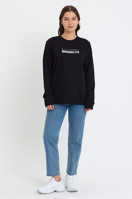 Süperlife Kadın Bisiklet Yaka Oversize Fit Brooklyn Baskılı İnce Sweatshirt SPR23SWK330