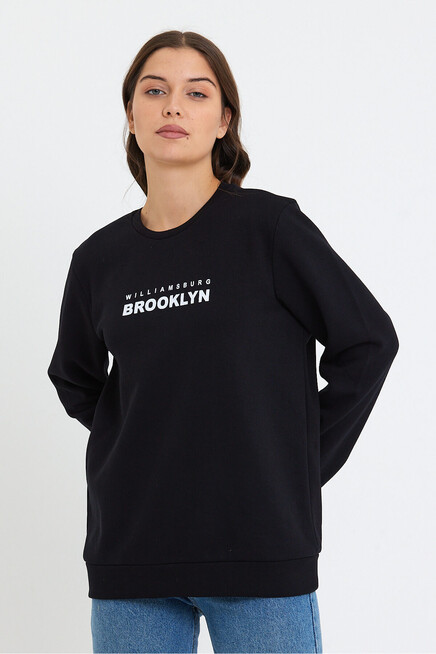 Süperlife Kadın Bisiklet Yaka Oversize Fit Brooklyn Baskılı İnce Sweatshirt SPR23SWK330