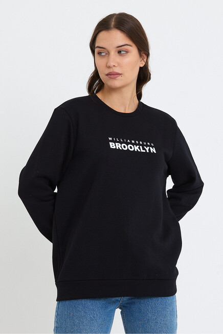 Kadın Bisiklet Yaka Oversize Fit Brooklyn Baskılı İnce Sweatshirt SPR23SWK330