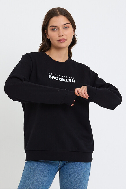 Kadın Bisiklet Yaka Oversize Fit Brooklyn Baskılı İnce Sweatshirt SPR23SWK330