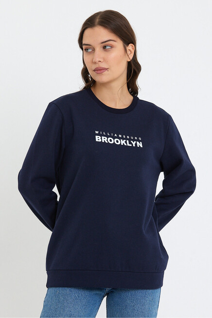 Kadın Bisiklet Yaka Oversize Fit Brooklyn Baskılı İnce Sweatshirt SPR23SWK330