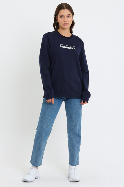 Kadın Bisiklet Yaka Oversize Fit Brooklyn Baskılı İnce Sweatshirt SPR23SWK330