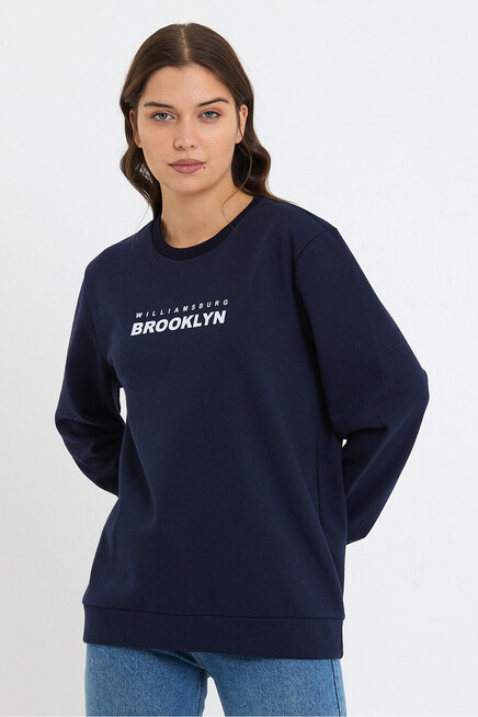 Kadın Bisiklet Yaka Oversize Fit Brooklyn Baskılı İnce Sweatshirt SPR23SWK330