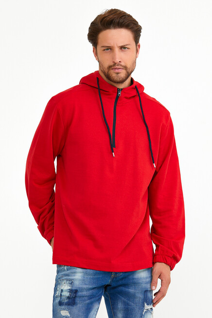 Erkek Kapşonlu Regular Fit Yarım Fermuarlı İnce Sweatshirt SPR22SW170