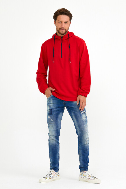 Erkek Kapşonlu Regular Fit Yarım Fermuarlı İnce Sweatshirt SPR22SW170