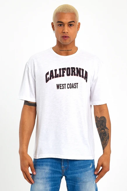 Erkek Bisiklet Yaka Slim Fit Californıa  Baskılı  Tişort SPR21Y22