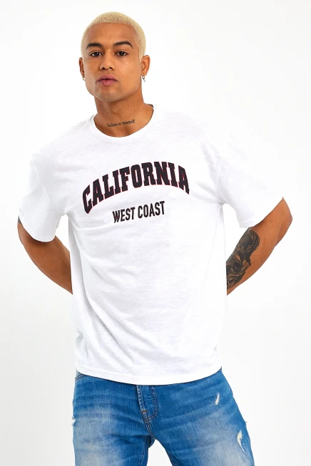 Erkek Bisiklet Yaka Slim Fit Californıa  Baskılı  Tişort SPR21Y22