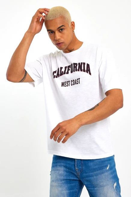 Erkek Bisiklet Yaka Slim Fit Californıa  Baskılı  Tişort SPR21Y22