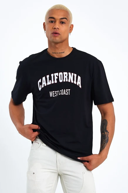 Erkek Bisiklet Yaka Slim Fit Californıa  Baskılı  Tişort SPR21Y22