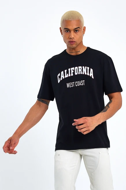 Erkek Bisiklet Yaka Slim Fit Californıa  Baskılı  Tişort SPR21Y22