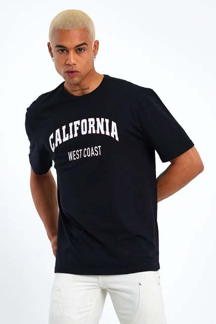 Erkek Bisiklet Yaka Slim Fit Californıa  Baskılı  Tişort SPR21Y22