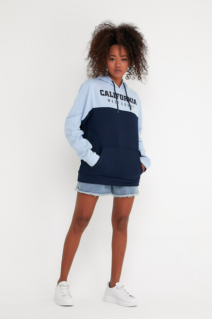 Kadın Kapşonlu Garnili Oversize Fit CALİFORNIA Baskılı İnceSweatshirt SPR22SWK166