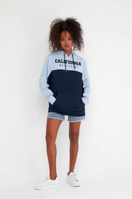 Kadın Kapşonlu Garnili Oversize Fit CALİFORNIA Baskılı İnceSweatshirt SPR22SWK166